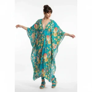 caftan largo de algodon turquesa con flores y mariposas
