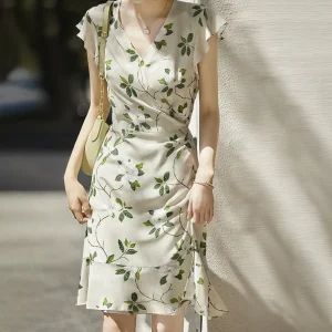 Camellia Vestido floral de seda para mujer Vestido cruzado de seda morera con mangas con volantes