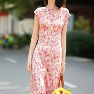 Vestido de verano de seda con manga casquillo Vestido largo de seda para mujer Vestido largo floral de seda
