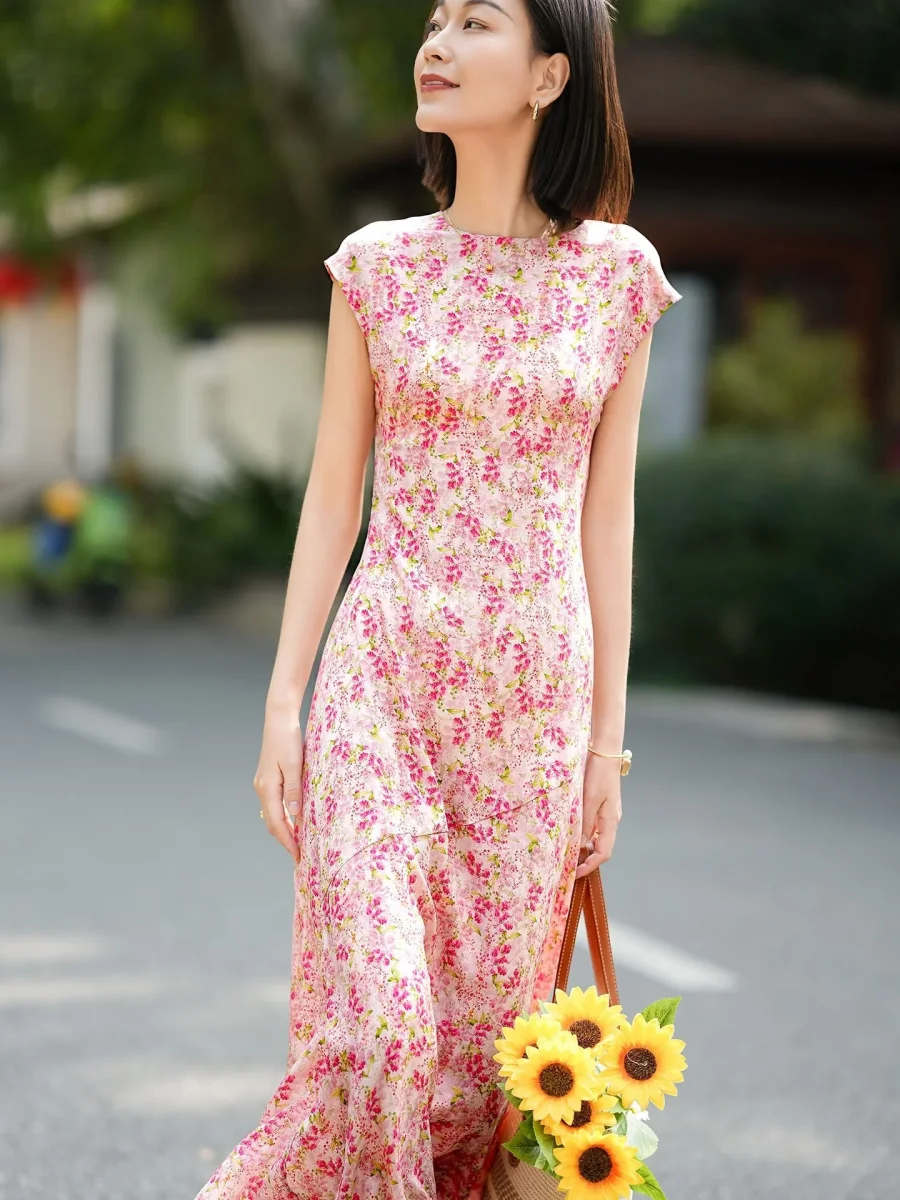 Vestido de verano de seda con manga casquillo Vestido largo de seda para mujer Vestido largo floral de seda - Imagen 2