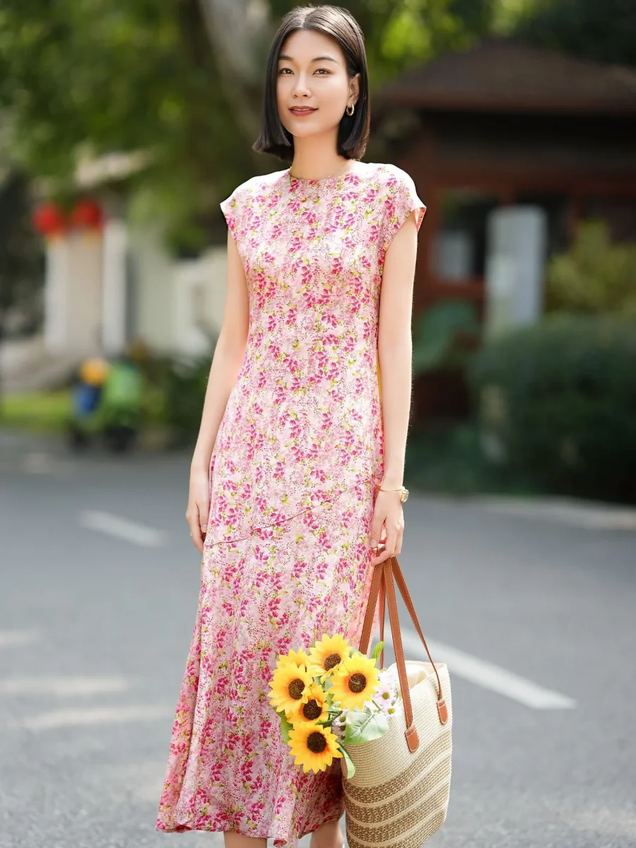 Vestido de verano de seda con manga casquillo Vestido largo de seda para mujer Vestido largo floral de seda - Imagen 4