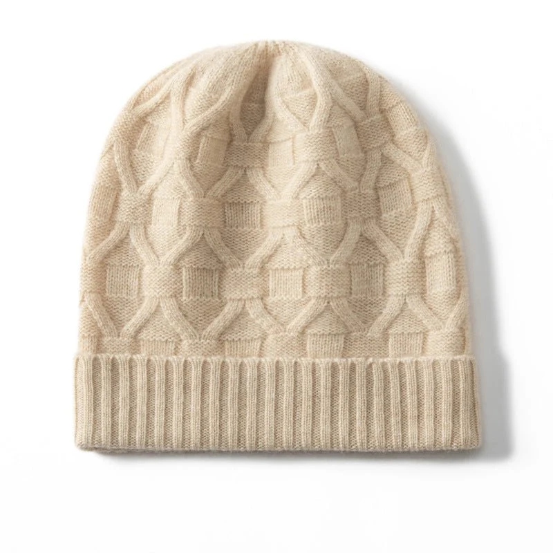 Gorro Beanie De Puro Cashmere Con Punto Geométrico Gorro De Punto De Cashmere Acanalado - Imagen 3
