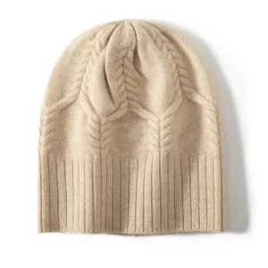 Cable de cachemir puro gorro de gorro de invierno con patrón de hoja