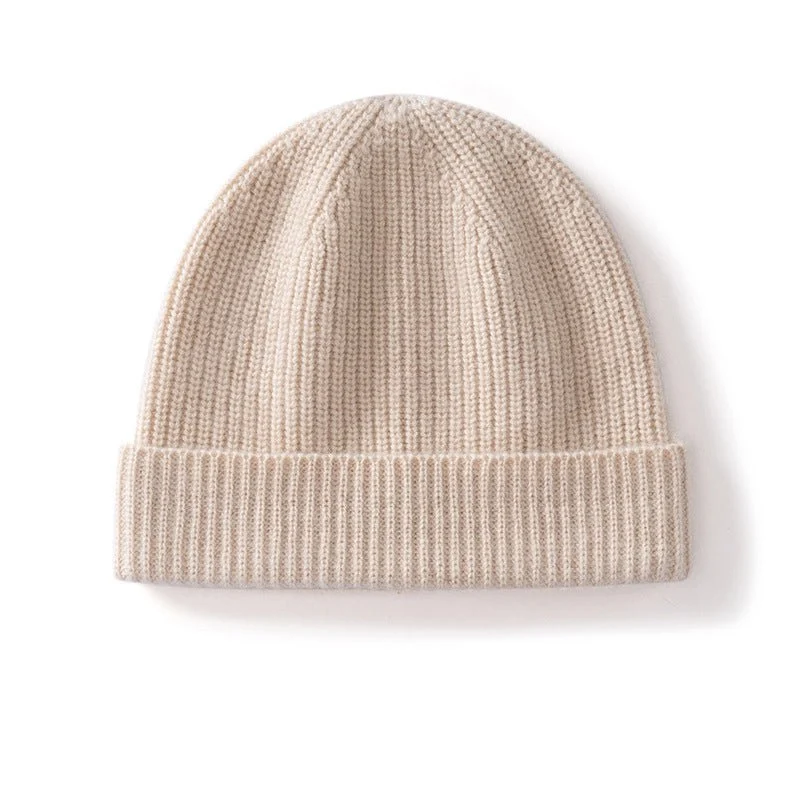 Gorro acanalado de pura cachemira Gorro clásico de punto de invierno con puño plegable