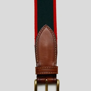 Cinturón Piel Vacuno Elástico Verde Oscuro Línea Rojo