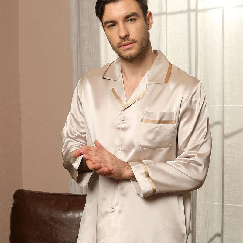Pajama de seda clásica Juego para hombres Luxury Silk Men Sleepwear - Imagen 9