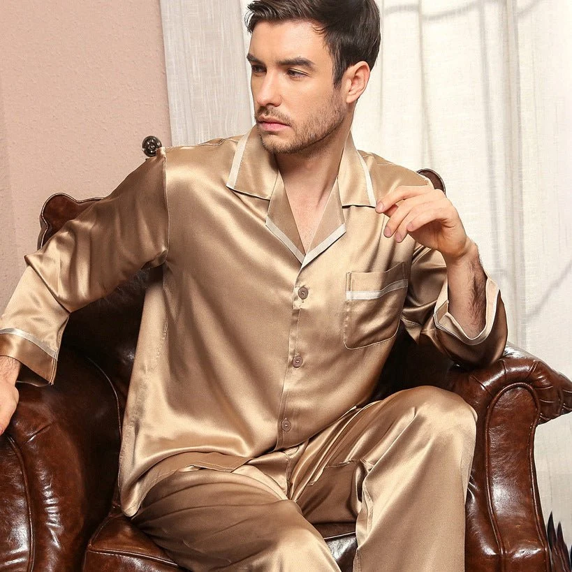Pajama de seda clásica Juego para hombres Luxury Silk Men Sleepwear - Imagen 2