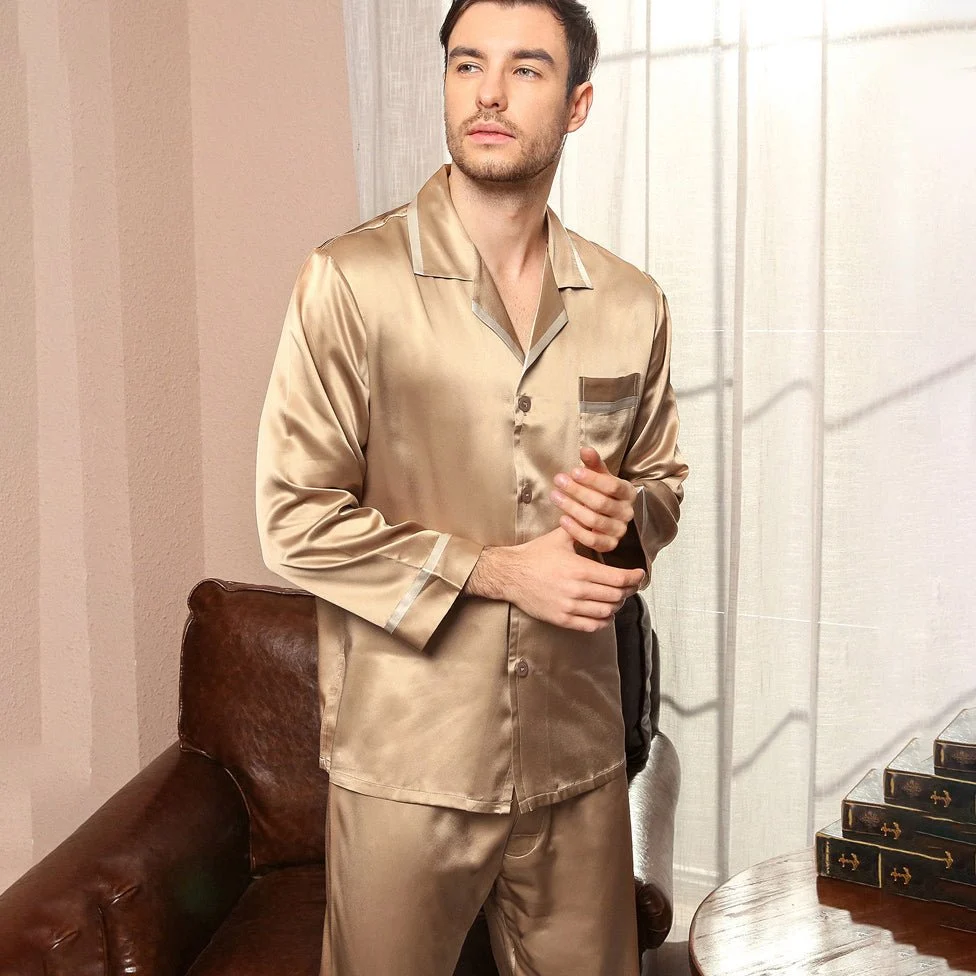 Pajama de seda clásica Juego para hombres Luxury Silk Men Sleepwear - Imagen 5
