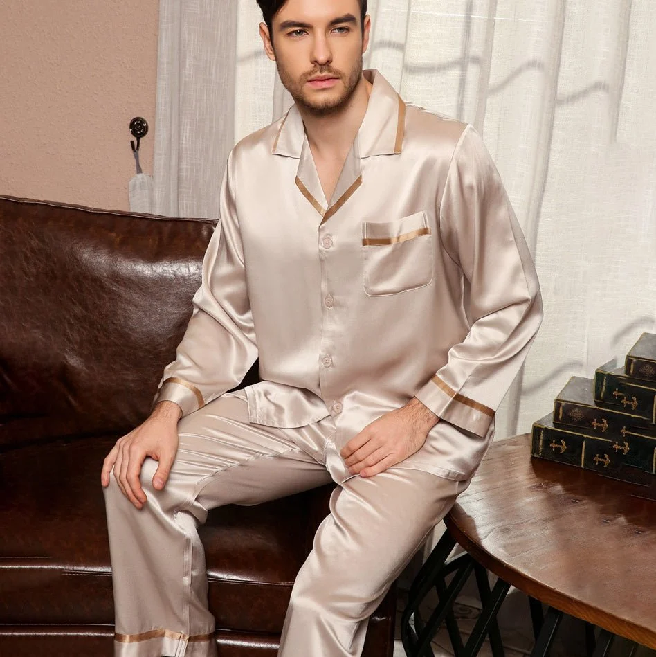 Pajama de seda clásica Juego para hombres Luxury Silk Men Sleepwear - Imagen 8