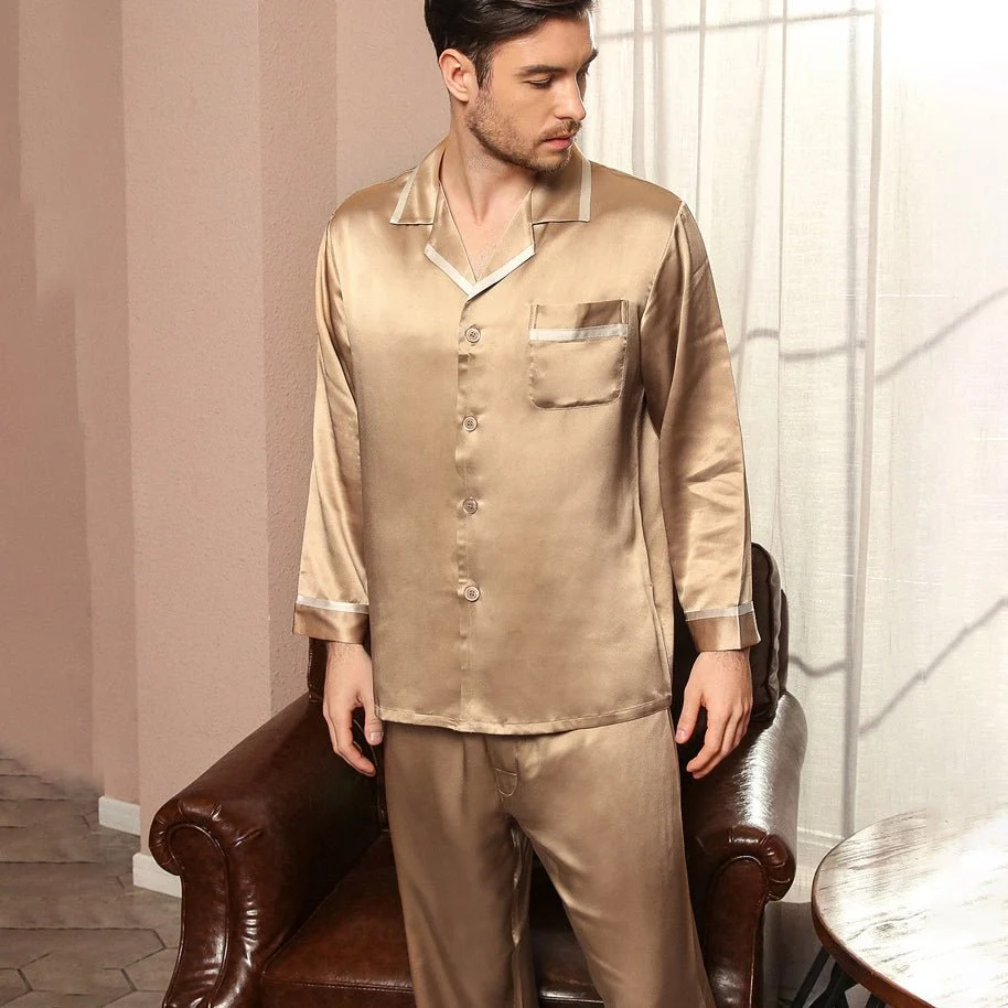 Pajama de seda clásica Juego para hombres Luxury Silk Men Sleepwear - Imagen 7