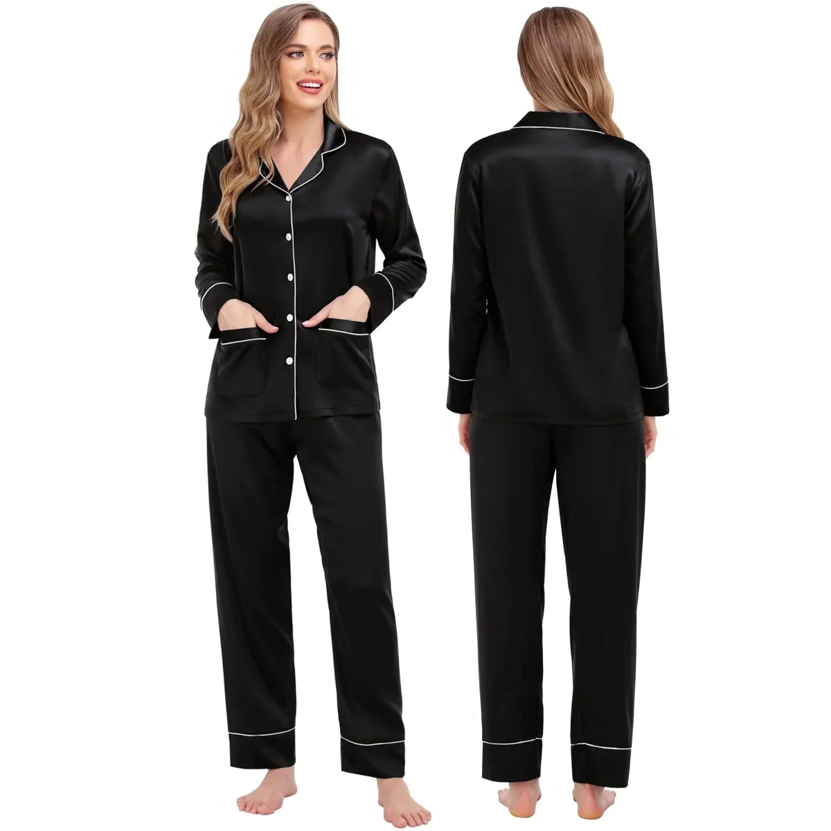 Pajamas de seda a juego Pajamas de seda de parejas puras largas - Imagen 3
