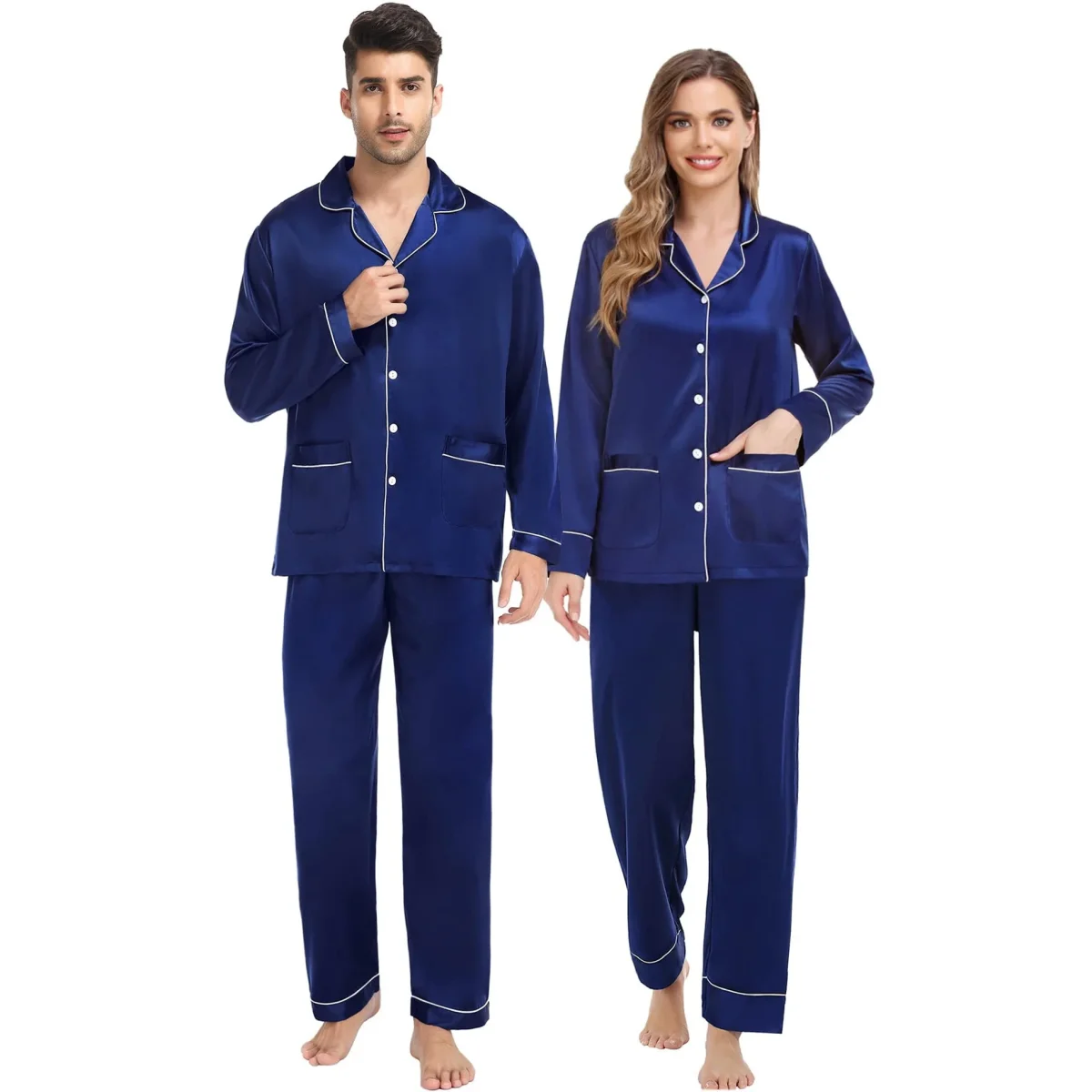 Pajamas de seda a juego Pajamas de seda de parejas puras largas - Imagen 5
