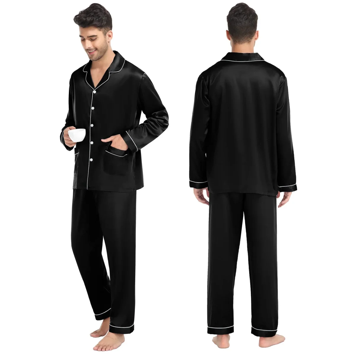 Pajamas de seda a juego Pajamas de seda de parejas puras largas - Imagen 4