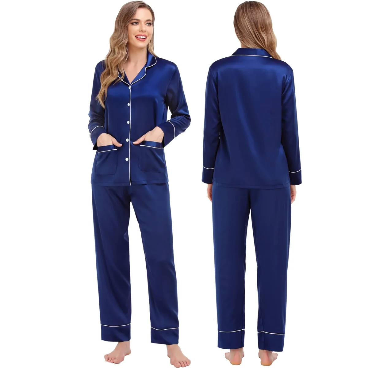 Pajamas de seda a juego Pajamas de seda de parejas puras largas - Imagen 7