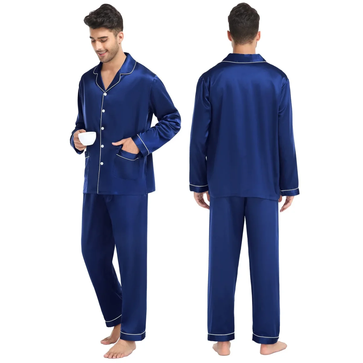 Pajamas de seda a juego Pajamas de seda de parejas puras largas - Imagen 6