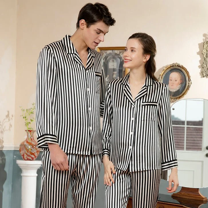 Pajamas de seda a juego Set de pijama de seda de rayas largas para parejas - Imagen 3