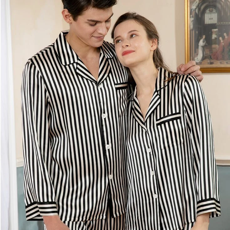 Pajamas de seda a juego Set de pijama de seda de rayas largas para parejas - Imagen 4