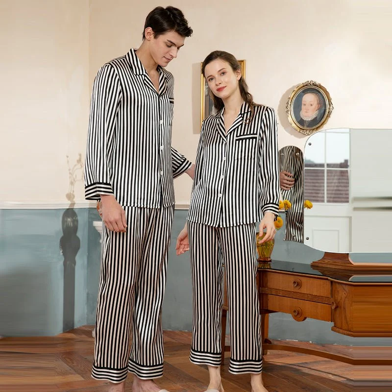 Pajamas de seda a juego Set de pijama de seda de rayas largas para parejas - Imagen 5