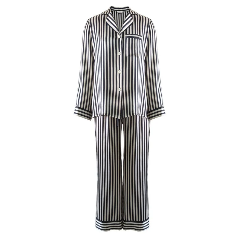 Pajamas de seda a juego Set de pijama de seda de rayas largas para parejas - Imagen 8