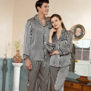 Pajamas de seda a juego Set de pijama de seda de rayas largas para parejas