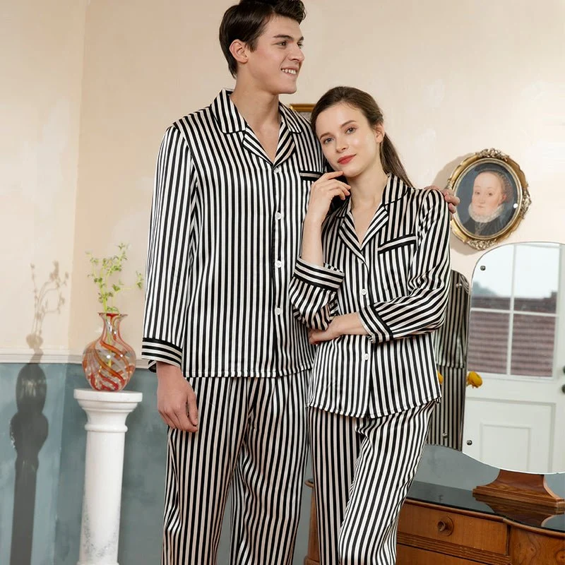 Pajamas de seda a juego Set de pijama de seda de rayas largas para parejas