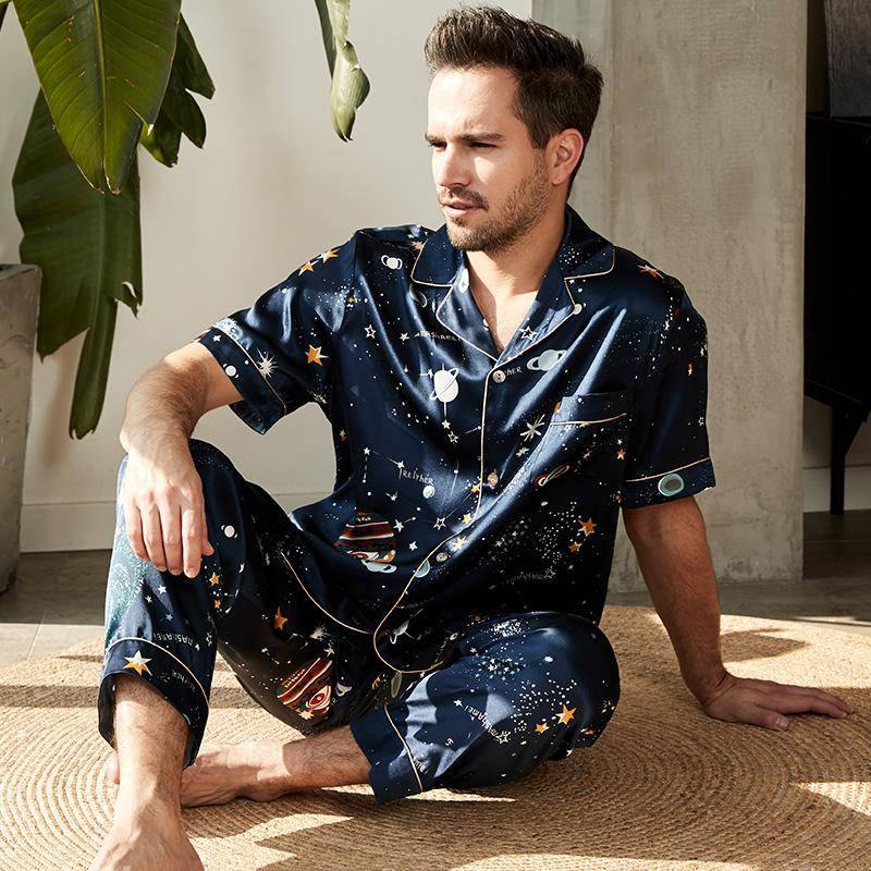 Conjunto De Pijamas De Seda A Juego Pijamas De Seda Estampados Universo - Imagen 9