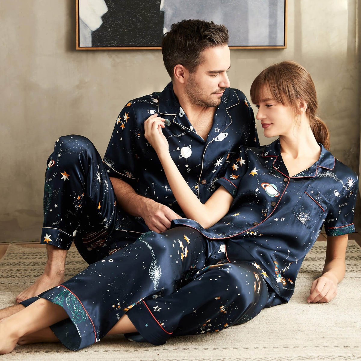 Conjunto De Pijamas De Seda A Juego Pijamas De Seda Estampados Universo - Imagen 6