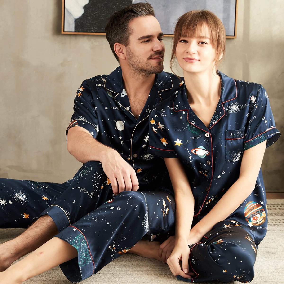 Conjunto De Pijamas De Seda A Juego Pijamas De Seda Estampados Universo - Imagen 5