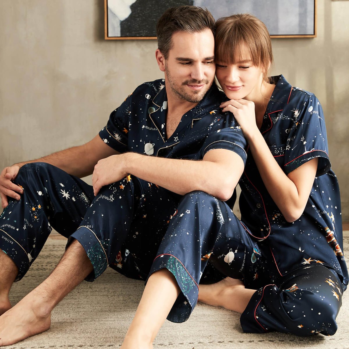 Conjunto De Pijamas De Seda A Juego Pijamas De Seda Estampados Universo - Imagen 3
