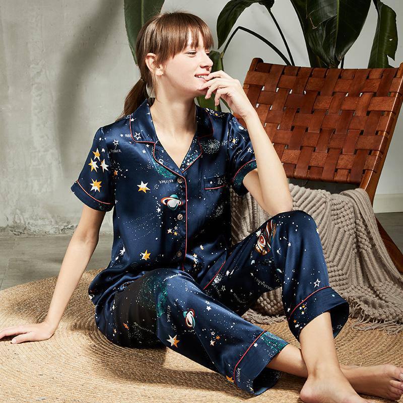 Conjunto De Pijamas De Seda A Juego Pijamas De Seda Estampados Universo - Imagen 8