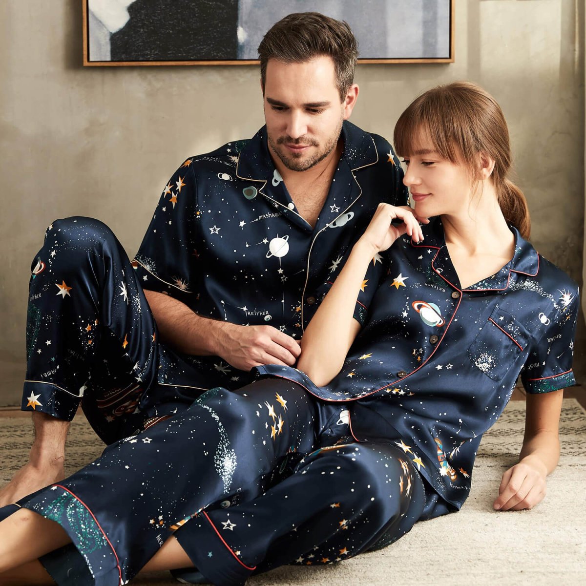 Conjunto De Pijamas De Seda A Juego Pijamas De Seda Estampados Universo - Imagen 7
