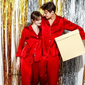 Parejas pijama de seda pijama navideño de seda para hombres y mujeres