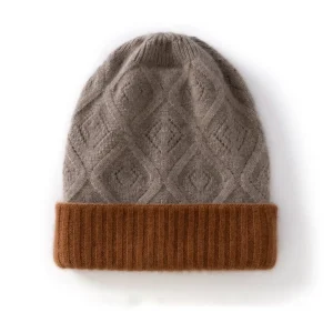 Gorro de invierno de cachemira pura de punto de diamante de doble capa