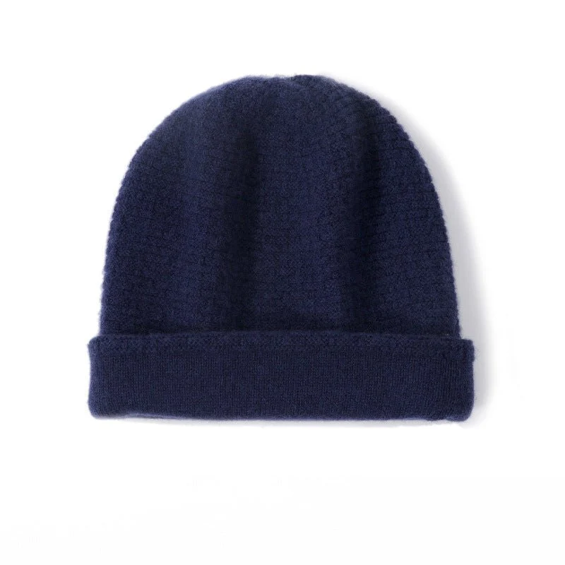 Gorro de invierno de cachemira pura con puño doblado y gorro de cachemira pura de punto gofre de doble capa - Imagen 6
