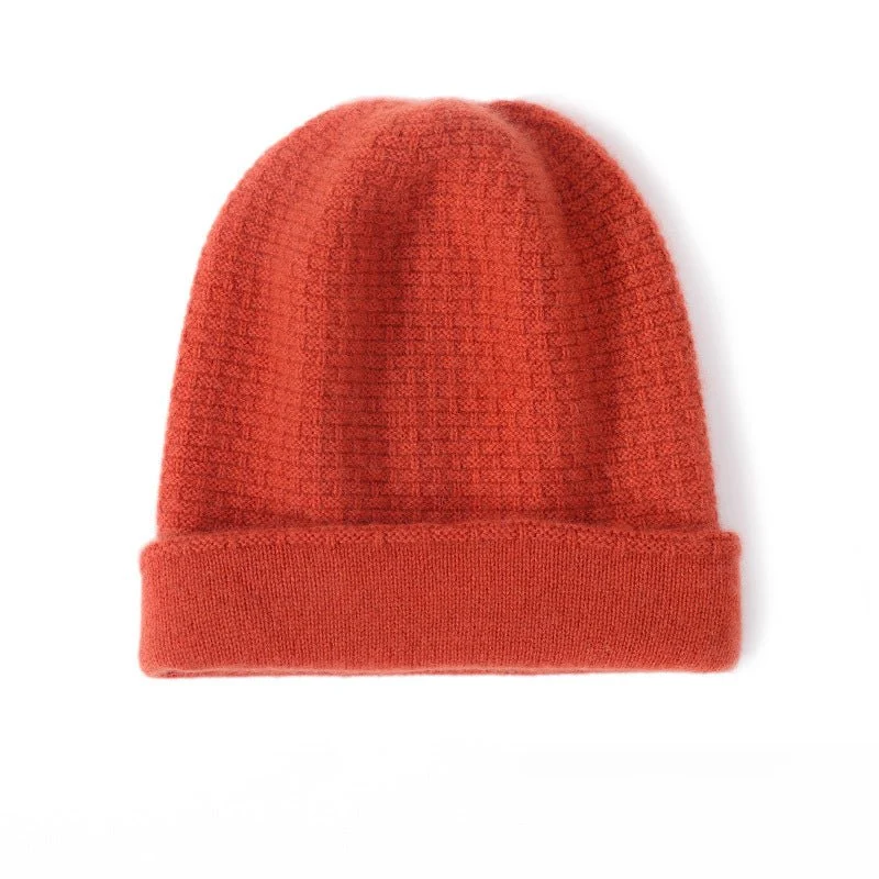 Gorro de invierno de cachemira pura con puño doblado y gorro de cachemira pura de punto gofre de doble capa - Imagen 5
