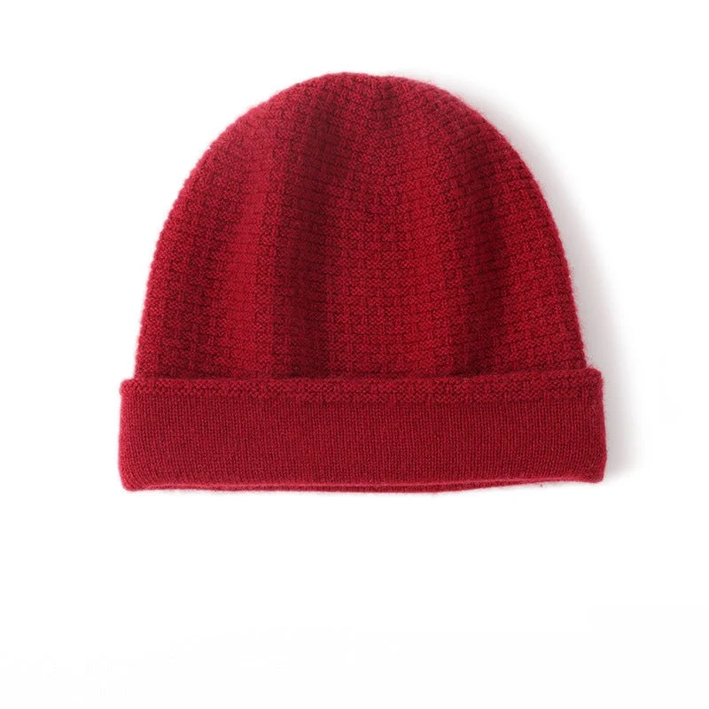 Gorro de invierno de cachemira pura con puño doblado y gorro de cachemira pura de punto gofre de doble capa - Imagen 7
