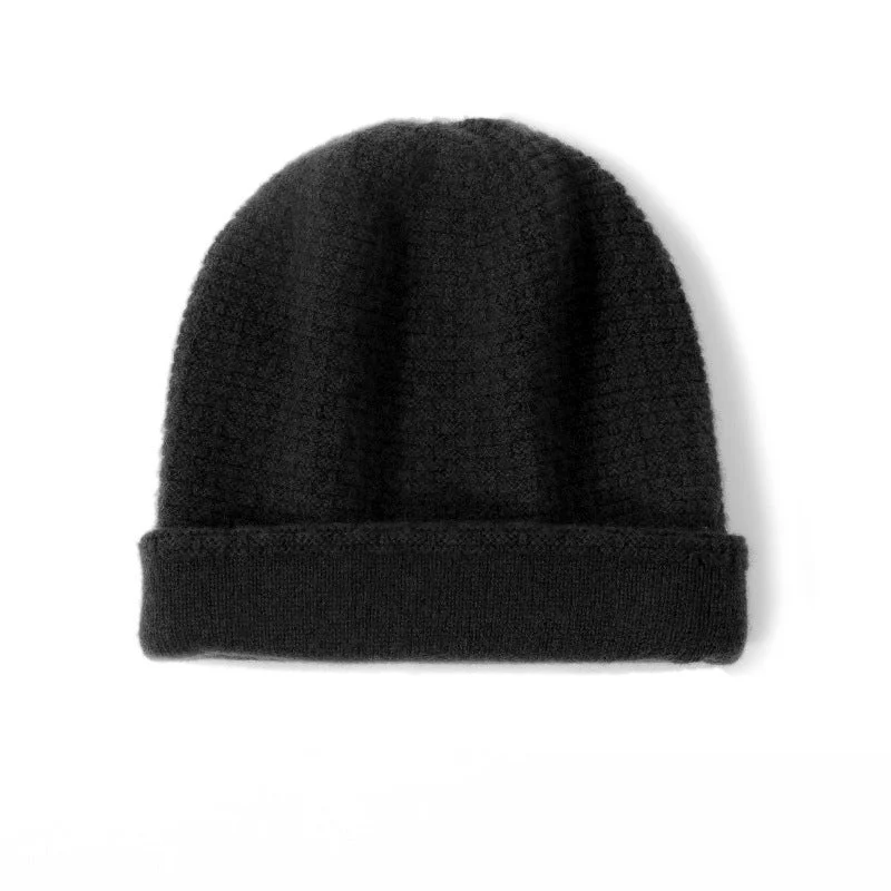 Gorro de invierno de cachemira pura con puño doblado y gorro de cachemira pura de punto gofre de doble capa - Imagen 8