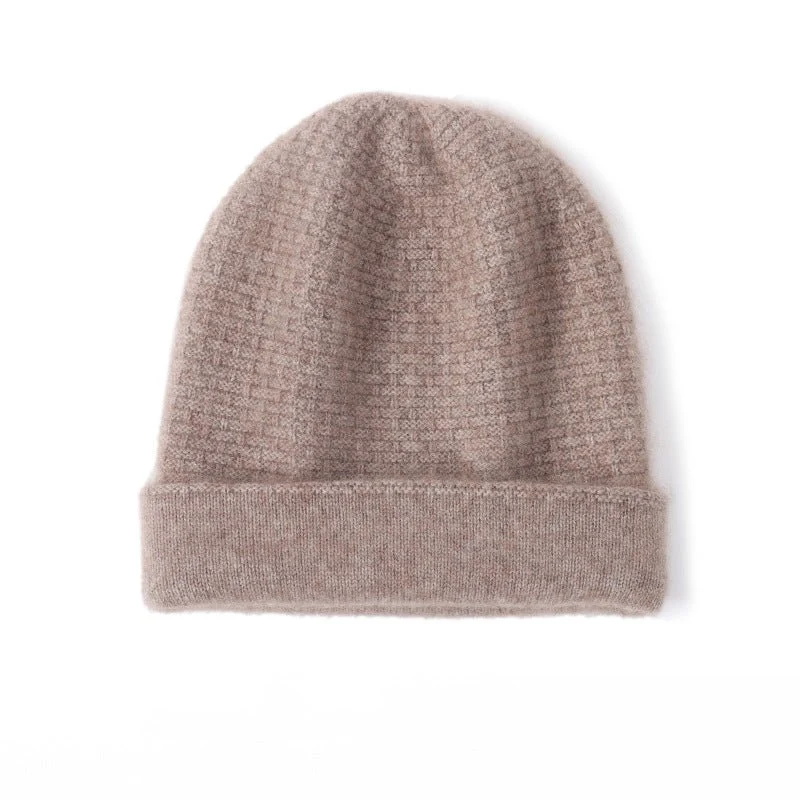 Gorro de invierno de cachemira pura con puño doblado y gorro de cachemira pura de punto gofre de doble capa - Imagen 4