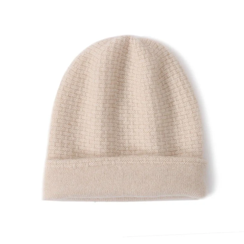 Gorro de invierno de cachemira pura con puño doblado y gorro de cachemira pura de punto gofre de doble capa - Imagen 3
