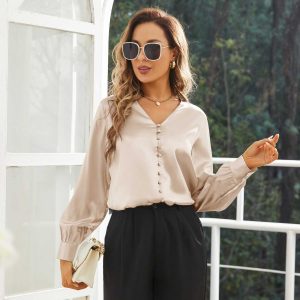 Blusa de seda para mujer Camisas de seda con cuello en V Top 100% seda