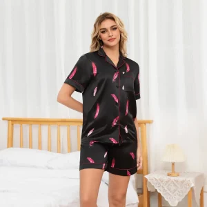 Conjunto de pijama de seda con estampado de plumas para mujer