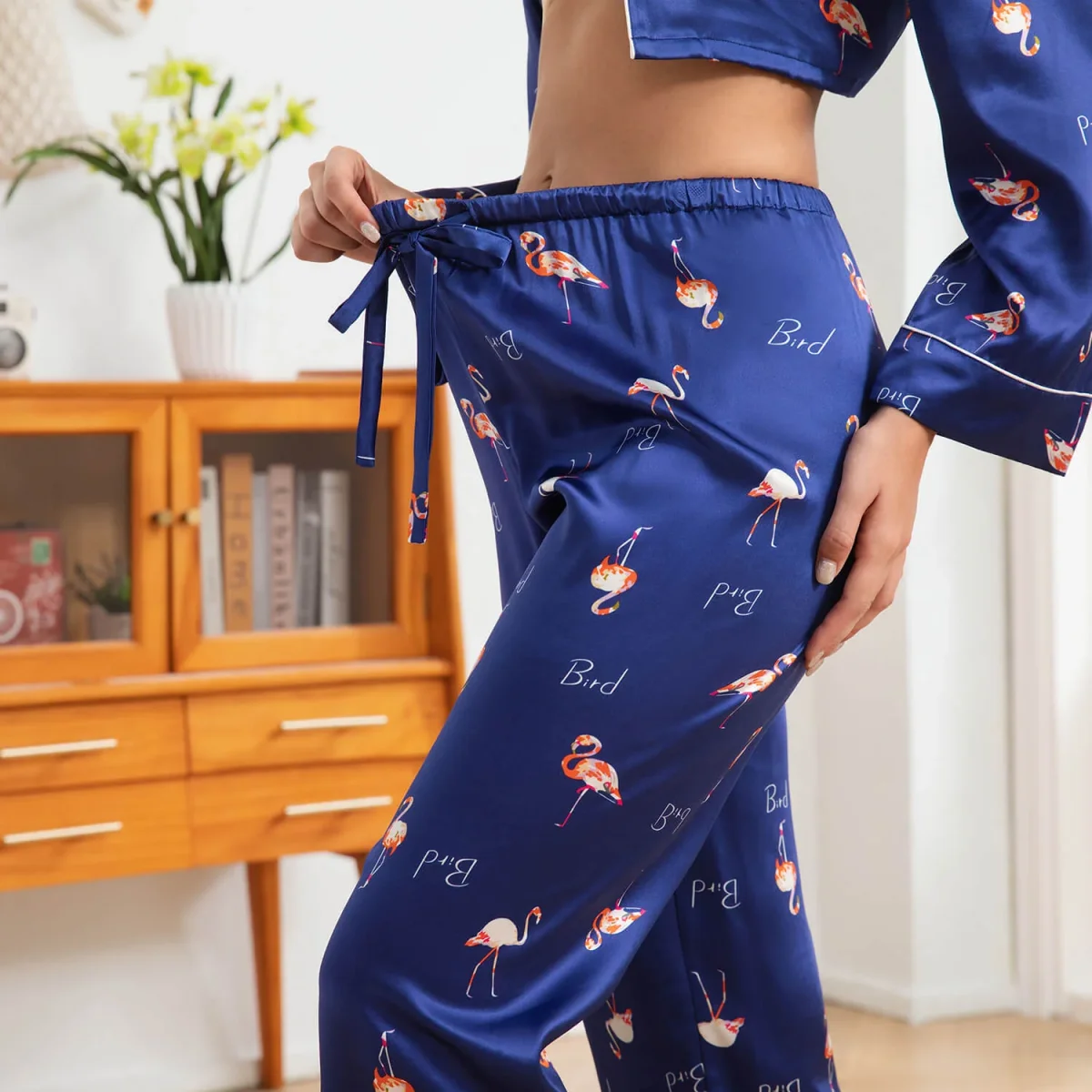 Pijamas de seda con estampado de flamencos para mujer Conjunto de pijama de seda de manga larga PJS de seda - Imagen 7