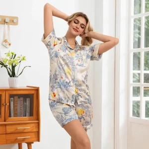 Conjunto de pijama de seda con estampado floral y pantalones cortos Pijamas de seda botánicos para mujer