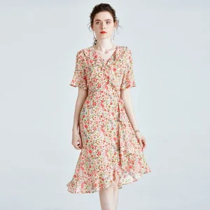 Vestido de envoltura de seda floral para mujeres vestidos de seda con cuello en V con volantes