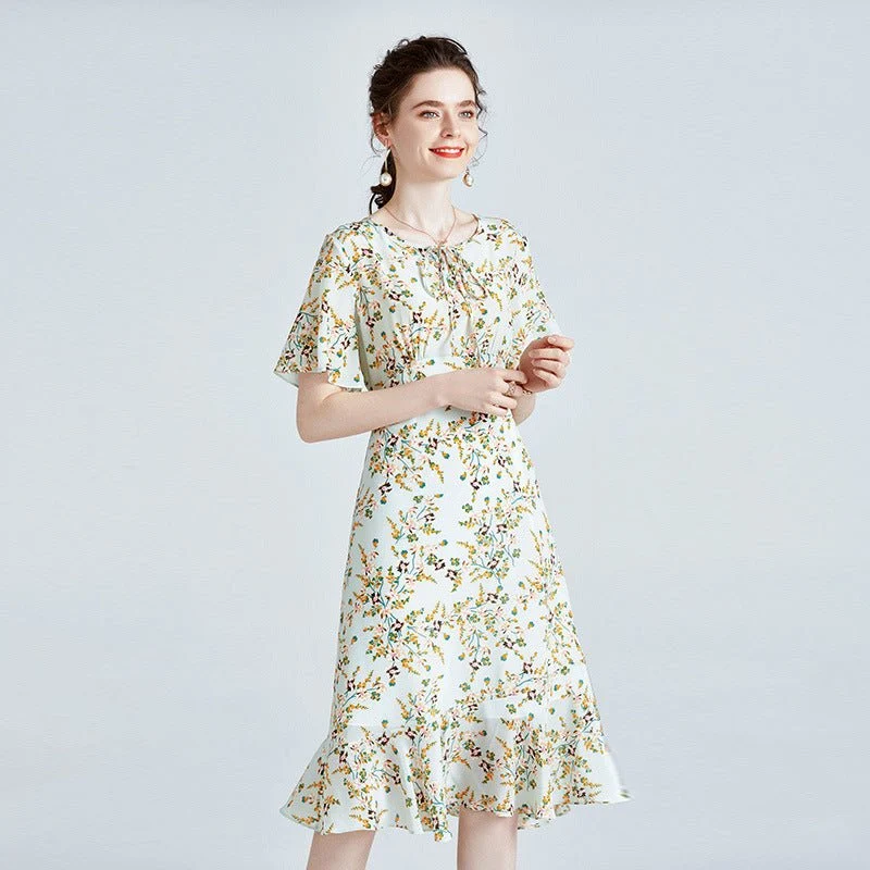Vestido midi de seda floral de mujer con mangas de aleteo de dobladillo con volantes Vestido de seda verde - Imagen 5