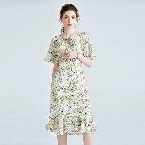 Vestido midi de seda floral de mujer con mangas de aleteo de dobladillo con volantes Vestido de seda verde