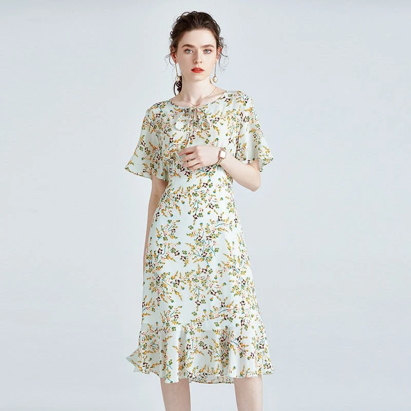 Vestido midi de seda floral de mujer con mangas de aleteo de dobladillo con volantes Vestido de seda verde - Imagen 2