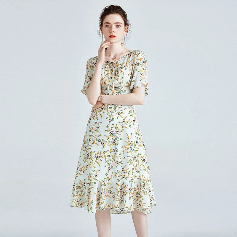 Vestido midi de seda floral de mujer con mangas de aleteo de dobladillo con volantes Vestido de seda verde - Imagen 4