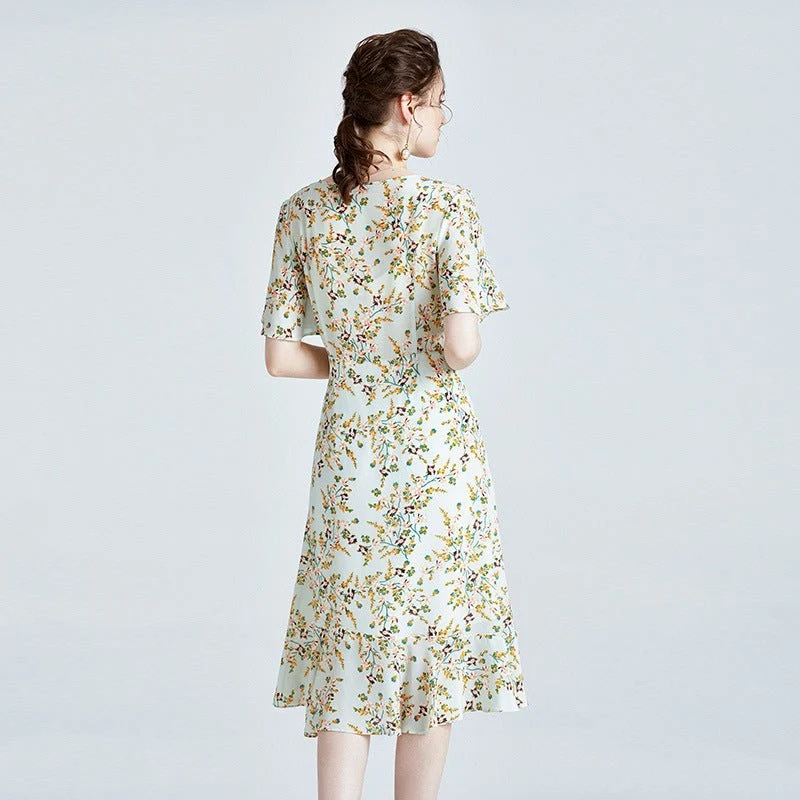 Vestido midi de seda floral de mujer con mangas de aleteo de dobladillo con volantes Vestido de seda verde - Imagen 6