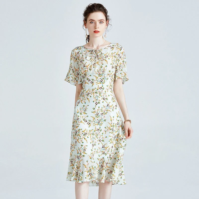 Vestido midi de seda floral de mujer con mangas de aleteo de dobladillo con volantes Vestido de seda verde - Imagen 3